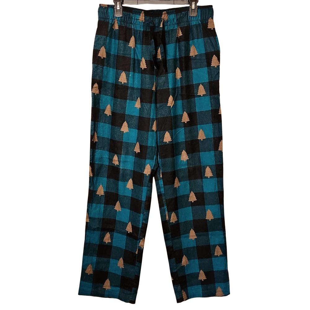Falls Creek Pajama Pants Mens Medium Teal Black Plaid Brown Tree Print Sleepwear
